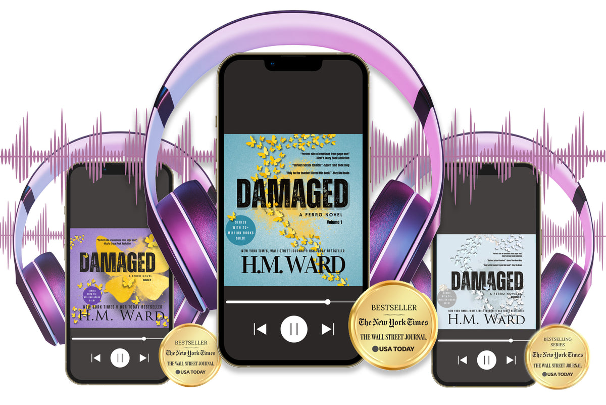 Smartphones displaying 'Damaged1, 2, and 3' by H.M. Ward with audio player interface and purple headphones on a white background with a New York Times, WSJ, and USA Today bestseller gold circle.