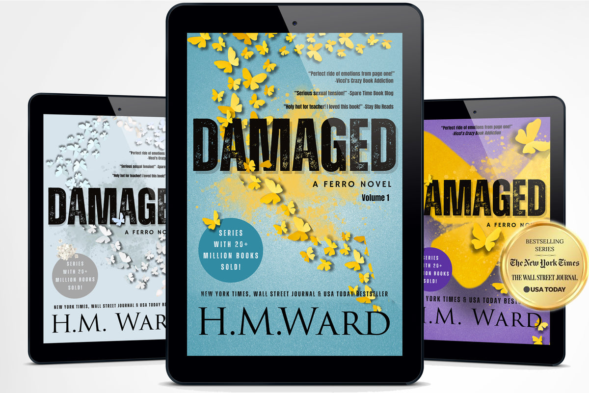 3 electronic tablets displaying the book cover of 'Damaged 1, 2, and 3' by H.M. Ward with a NY Times, WSJ, and USA Today bestseller medal on a white background.