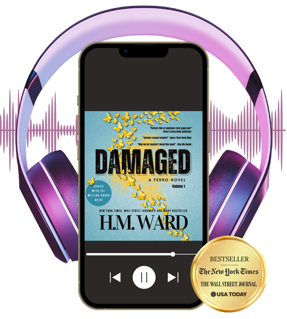 Smartphone with 'Damaged 1' by HM. Ward audiobook cover, purple headphones, and bestseller badge on a white background