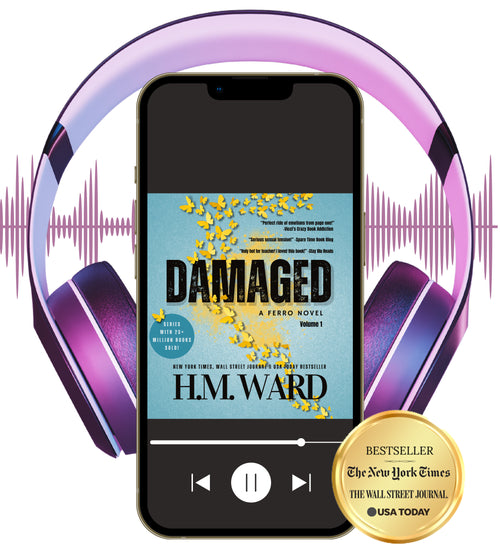 Smartphone with 'Damaged 1' by HM. Ward audiobook cover, purple headphones, and bestseller badge on a white background
