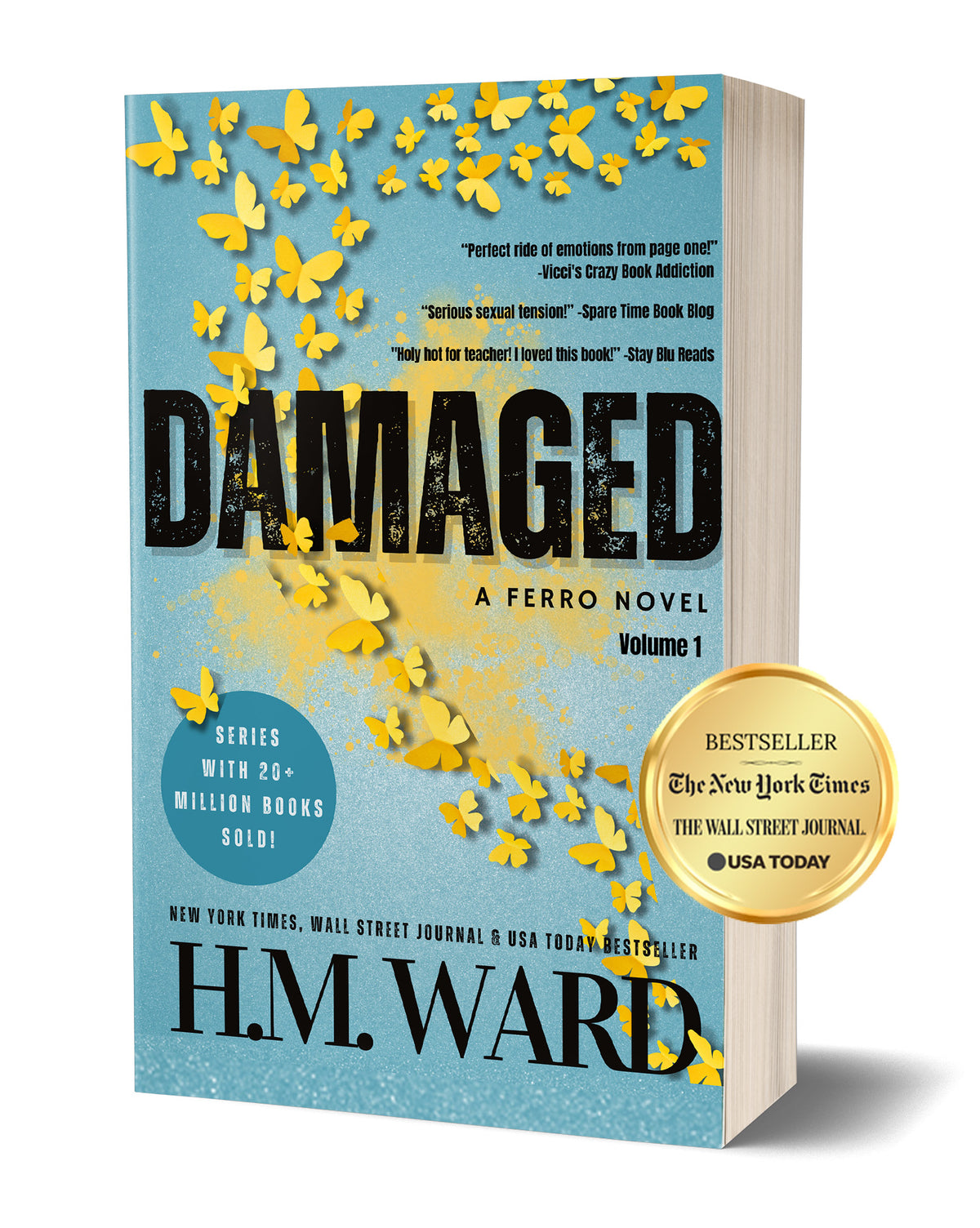 New Adult romance novel of the book 'Damaged' by H.M. Ward with theeeee 2025 cover update featuring yellow paper butterflies scattering away on a cyan blue background with New York Times, USA Today and WSJ bestseller badge with the book sitting on a white background
