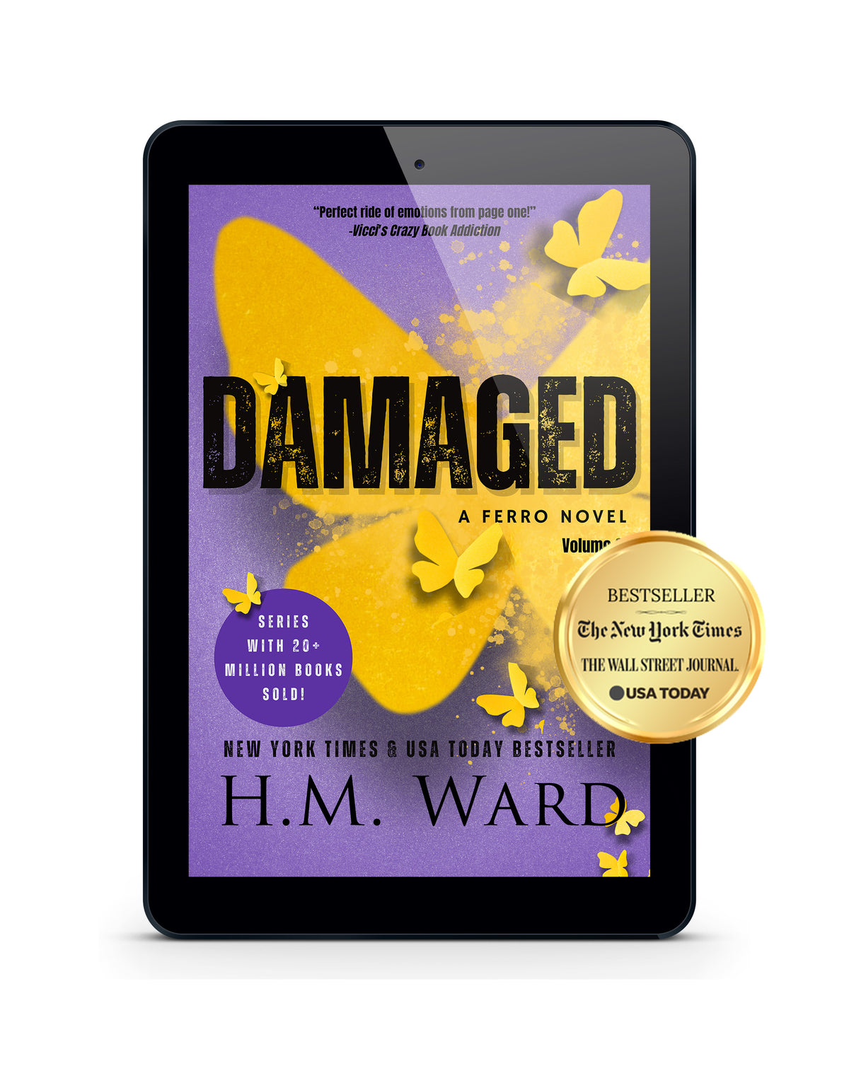Ebook cover of 'Damaged 2' by H.M. Ward on a tablet with a purple and yellow paper butterfly design.