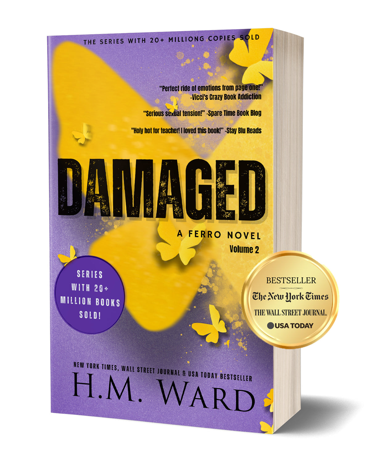 Book cover of 'Damaged 2' by H.M. Ward with yellow paper butterfly design and bestseller badge.